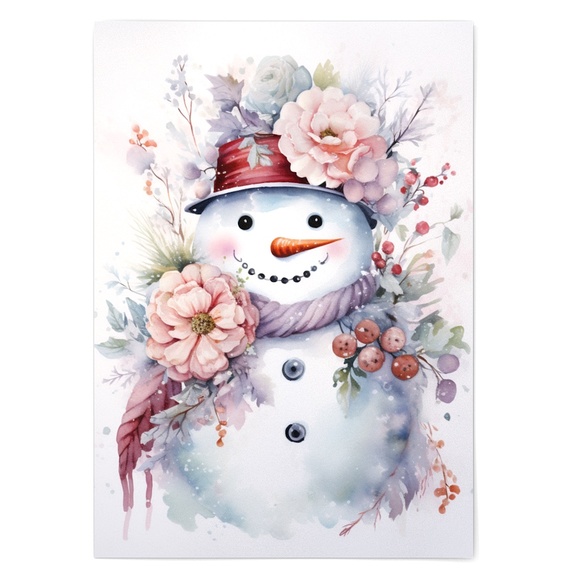 Watercolor Snowman Christmas Theme Wall Art Illustration Print Unframed - Picture 2 of 5